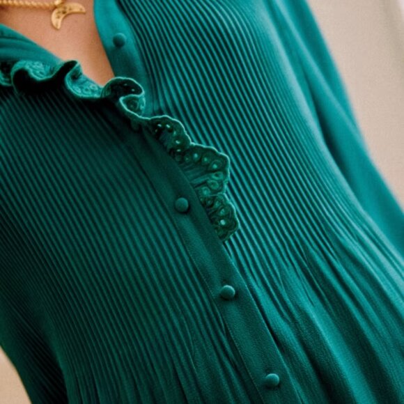 Sézane Camelia Bottle Green Lace Pleated Mini Dress Long Sleeve US 6/Fr 38 - Picture 4 of 7